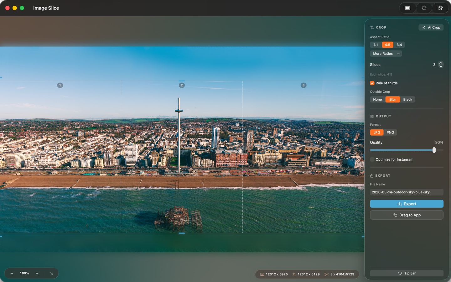 Image Slice editing view with crop controls and AI recommendations